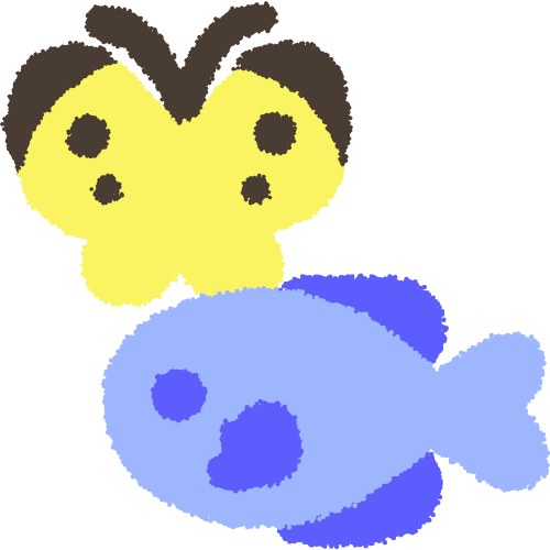 a yellow butterfly and a blue fish
